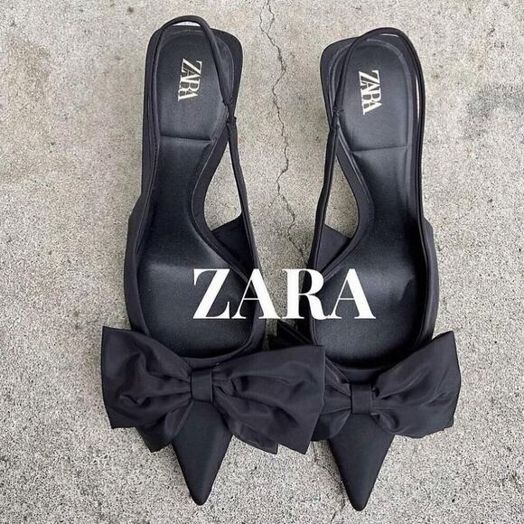 ZARA Black Bow Slingback Heels NWT – Embellished Pointed Toe Pumps, Size 7.5 - Picture 8 of 16